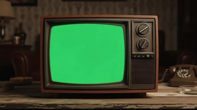 Retro Television with Green Screen on Desk | Vintage TV Mockup for Broadcast, Advertising and Nostalgia Concepts