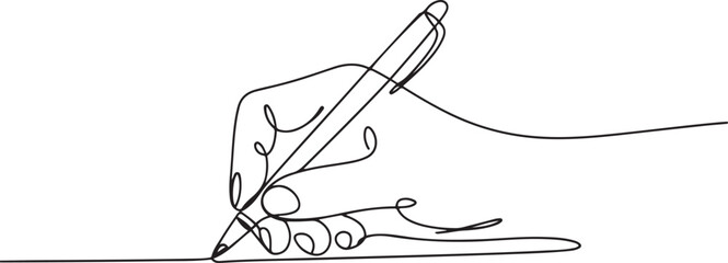 Continuous one line drawing hand palm fingers gestures pen, pencil. Ballpoint in hand. Writing or drawing with ink pen. one line Icon drawing with white background