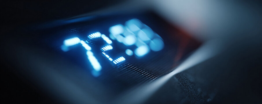 Closeup of digital display showing 72.9, rendered in a cool blue hue. Implies precision, technology, control. Perfect for science, climate, or futuristic themes.