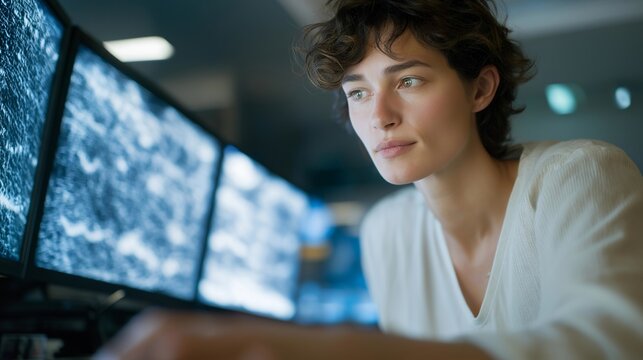 A researcher analyzing ultrasound wave patterns on a multi-panel screen, studying acoustic signatures in a high-tech lab — ultrasound science, acoustic research, and advanced experimental imaging.