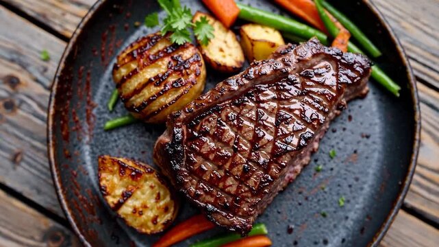 Gourmet meat dish on rustic plate with juicy delicious dinner and healthy meal at wooden table with grilled steak, roasted potatoes, green beans and carrots