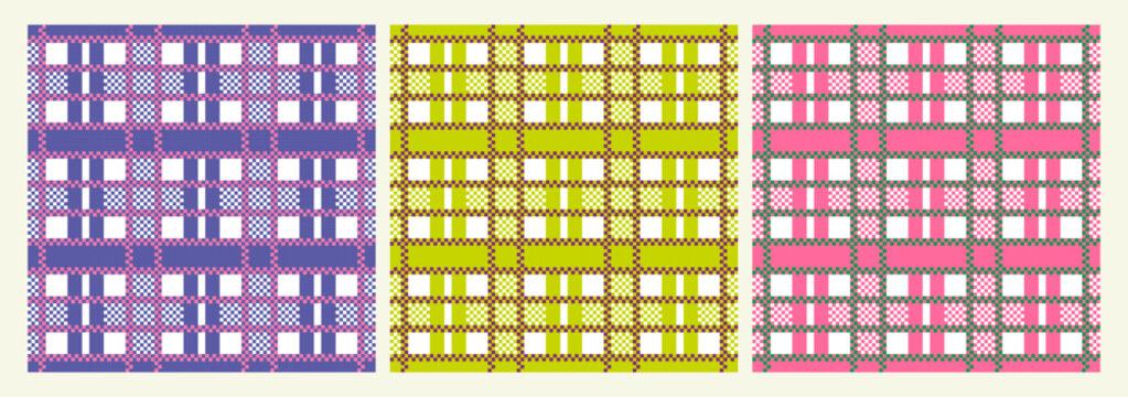 Geometric Checkered Seamless Patterns. Retro Chinese Bag Style, Rave 90s Glitch and Neo Brutalist Backgrounds. Perfect for glitch aesthetics, textiles, and digital backgrounds
