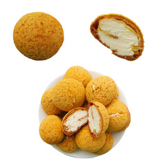 Set of cream-filled craquelin choux pastries isolated on a transparent background. Whole and cut profiteroles with crispy crust and soft vanilla cream