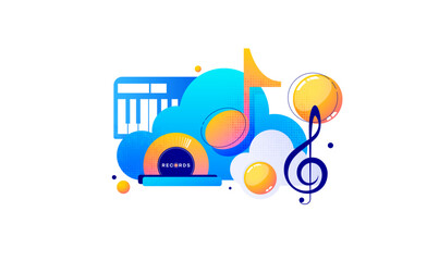 A vibrant illustration featuring bold notes, cloud elements, and a striking play icon, capturing the lively atmosphere of concerts, music parties, and modern audio events. Perfect for festival promos