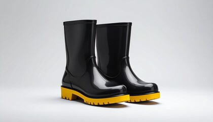 Glossy black rubber boots with yellow soles on white background.