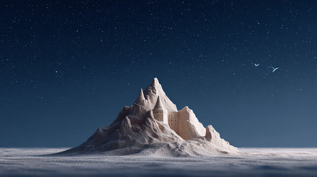 Magical sandcastle under a starry night sky. Dreamlike seascape for travel, imagination, childhood, or fantasy concepts. Soft, muted tones create a tranquil atmosphere.