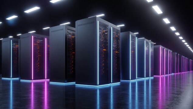 Rows of illuminated server racks in a dark data center environment.