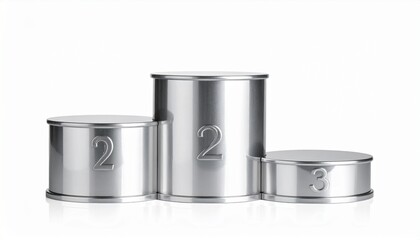 Three-tier metallic winners' podium with numbers on white background.