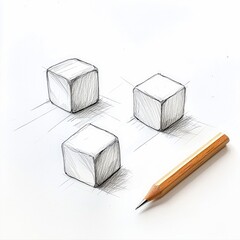 A graphite pencil drawing of three simple cubes arranged on a white surface, with a wooden pencil lying to the right. The drawing shows perspective and shading.