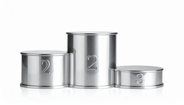 Three-tier metallic winners' podium with numbers on white background.