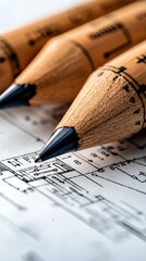 Three sharpened pencils are placed on a detailed architectural blueprint. The image is a close-up shot with bright lighting, focusing on the texture of the wood