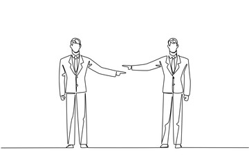 Single line drawing of two business men standing opposite each other, both pointing fingers, representing mutual blame or disagreement. Business concept of event National Blame Someone Else Day