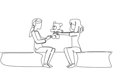 Continuous line draw of two young girls sitting and sharing a teddy bear, symbolizing kindness, friendship, and comforting gestures. National Random Acts of Light Day, support for a friend with cancer