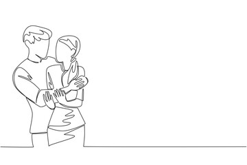 Continuous line draw of man embrace woman with cancer illness, symbolizing love, support, and comforting gesture. National Random Acts of Light Day event. accompany chemotherapy treatment in hospital