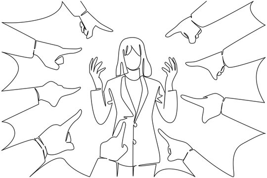 Continuous line drawing of a businesswoman with raised, open hands, looking distressed, surrounded by pointing hands blaming her. Feeling overwhelmed by accusations. National Blame Someone Else Day.