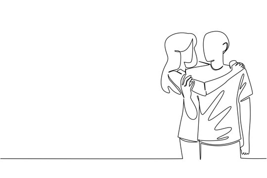One line draw of a woman giving warmth hug to a man to support medical cancer treatment in hospital, representing generosity, appreciation, and special moments. National Random Acts of Light Day event - Powered by Adobe