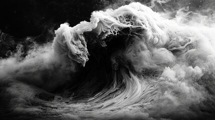 A dramatic, abstract wave-like formation of white smoke or vapor against a dark background. The swirling textures and high contrast create a powerful and dynami