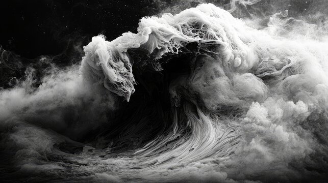 A dramatic, abstract wave-like formation of white smoke or vapor against a dark background. The swirling textures and high contrast create a powerful and dynami