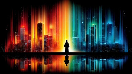 A lone figure in silhouette stands facing a futuristic, abstract cityscape bathed in vibrant red and blue light beams, with reflections on the water below.