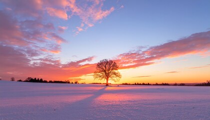 Blazing winter sunset paints vibrant clouds above solitary tree casting shadows across pristine snow covered field