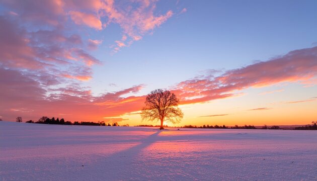 Blazing winter sunset paints vibrant clouds above solitary tree casting shadows across pristine snow covered field - Powered by Adobe