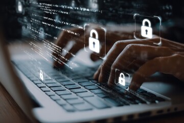 Hands typing on laptop with glowing digital security icons.