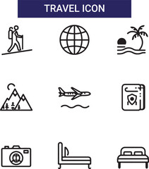 Summer set of web icons in line style. Summer vacation icons for web and mobile app. Travel, beach, tourism, summer holidays, hotel, relax, beach, luggage, passport, sunglasses
