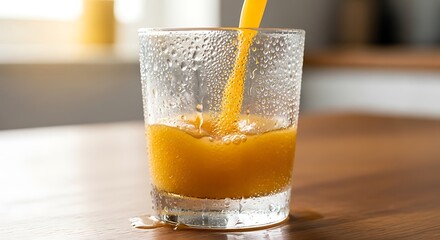 Orange Juice Being Poured into a Glass on a Wooden Table.