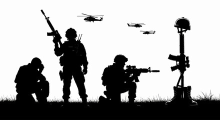 Silhouette of soldiers paying tribute to a fallen comrade with a battlefield cross memorial and helicopters in the sky