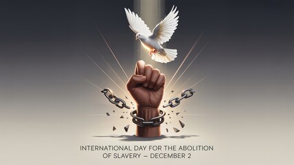 Raised fist breaking chains, dove above, International Day for the Abolition of Slavery December 2