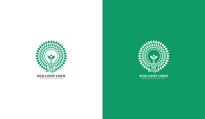 Green energy smart innovation logo, leaf bulb icon. Green leaf light and light bulb illustration design template