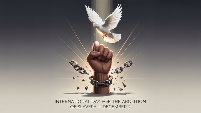 Raised fist breaking chains, dove above, International Day for the Abolition of Slavery December 2