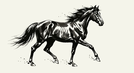 Dynamic black horse running in an elegant ink wash style illustration. A powerful and graceful stallion in motion on a light background