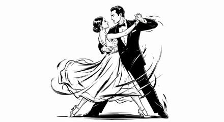 A romantic couple gracefully performing a classic ballroom tango, captured in a dynamic ink line art illustration