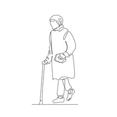 One continuous single drawing line art flat doodle grandmother, cane, walking, elderly, pensioner, old, woman. Isolated image hand draw contour on a white background, hand drawn, not AI