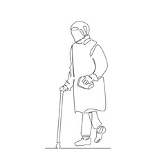One continuous single drawing line art flat doodle grandmother, cane, walking, elderly, pensioner, old, woman. Isolated image hand draw contour on a white background, hand drawn, not AI