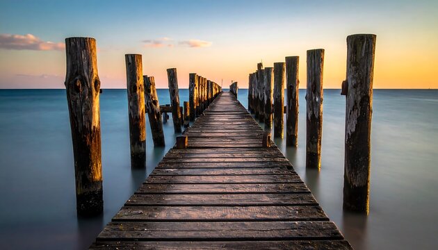 A wooden pier extends into serene ocean waters under a pastel sky during sunset, offering a tranquil scene - Powered by Adobe