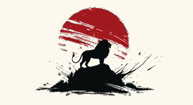 Majestic lion silhouette standing on a rocky peak with a red brush stroke sun, a powerful vector illustration of strength and courage