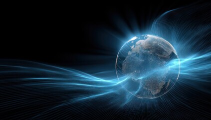 Digital glowing earth globe with blue light waves against black background
