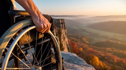 Close-up of hand on wheelchair overlooking scenic valley and autumn landscape
