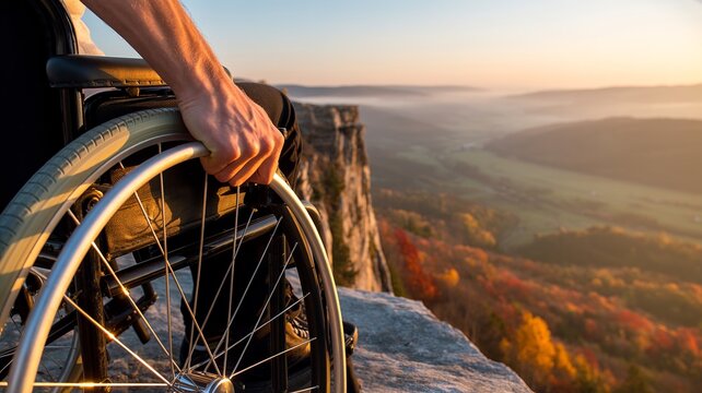 Close-up of hand on wheelchair overlooking scenic valley and autumn landscape