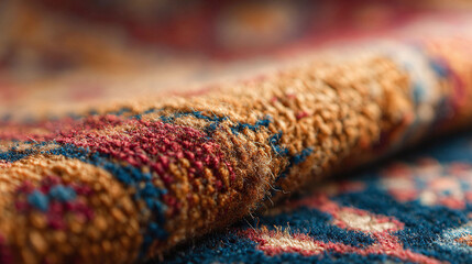 Fototapeta premium Macro shot of a richly patterned rug, showcasing its texture and detail. Ideal for backgrounds, textiles, or interior design themes evoking warmth and tradition.