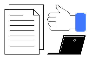 Documents stacked alongside a laptop and a thumbs-up gesture representing approval, productivity, teamwork, and task management. Ideal for collaboration, digital work, feedback, success, planning