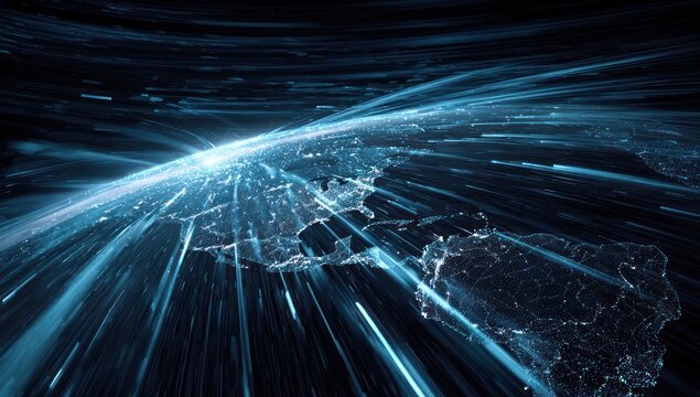 Digital earth globe with bright blue light trails and data streams. - Powered by Adobe