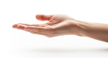 Open female hand extended forward on white background