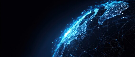 Digital globe showing illuminated continents connected by glowing network lines.