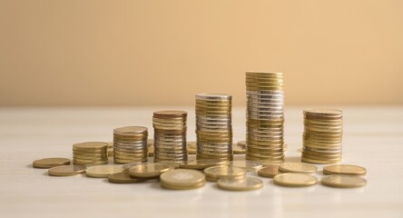 business graph with golden coins. Financial business growth with gold coins, currency, and success graph showing upward trend