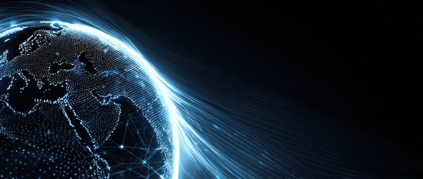 Glowing digital earth sphere with light trails against dark background
