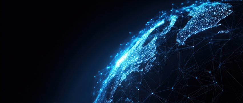 Digital globe showing illuminated continents connected by glowing network lines. - Powered by Adobe
