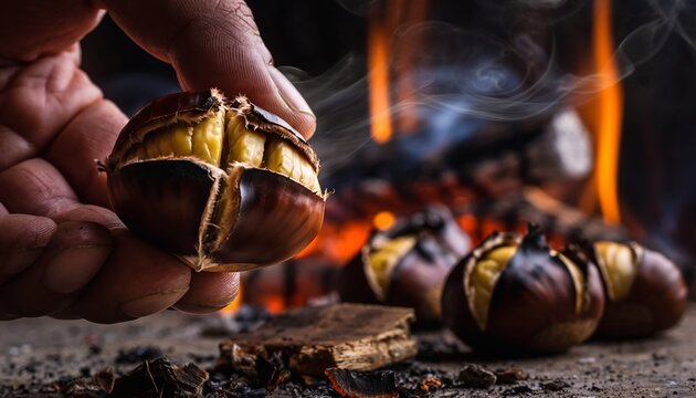 Hands carefully cracking open roasted chestnuts revealing golden flesh by crackling fireplace flames